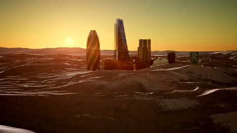 Stadtwolkenkratzer-In-Der-Wüste-Bei-Sonnenuntergang